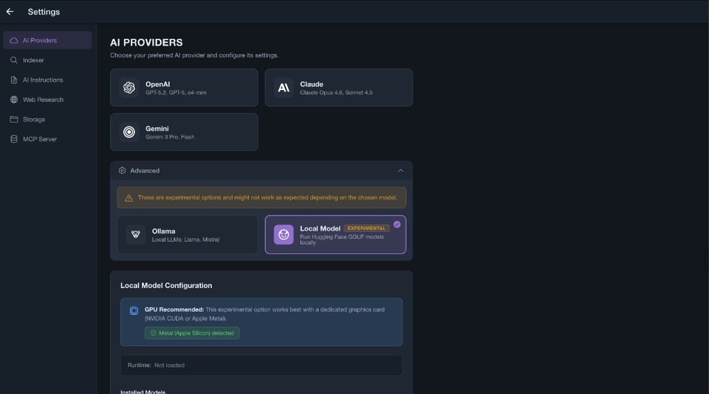 AI provider selection with local model support