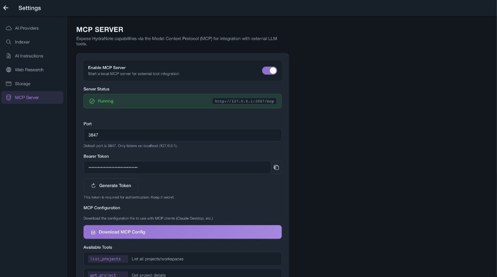 MCP server integration settings