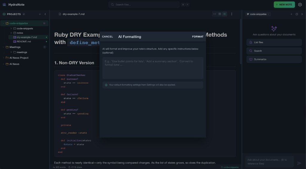 HydraNote workspace with Markdown editor and AI formatting